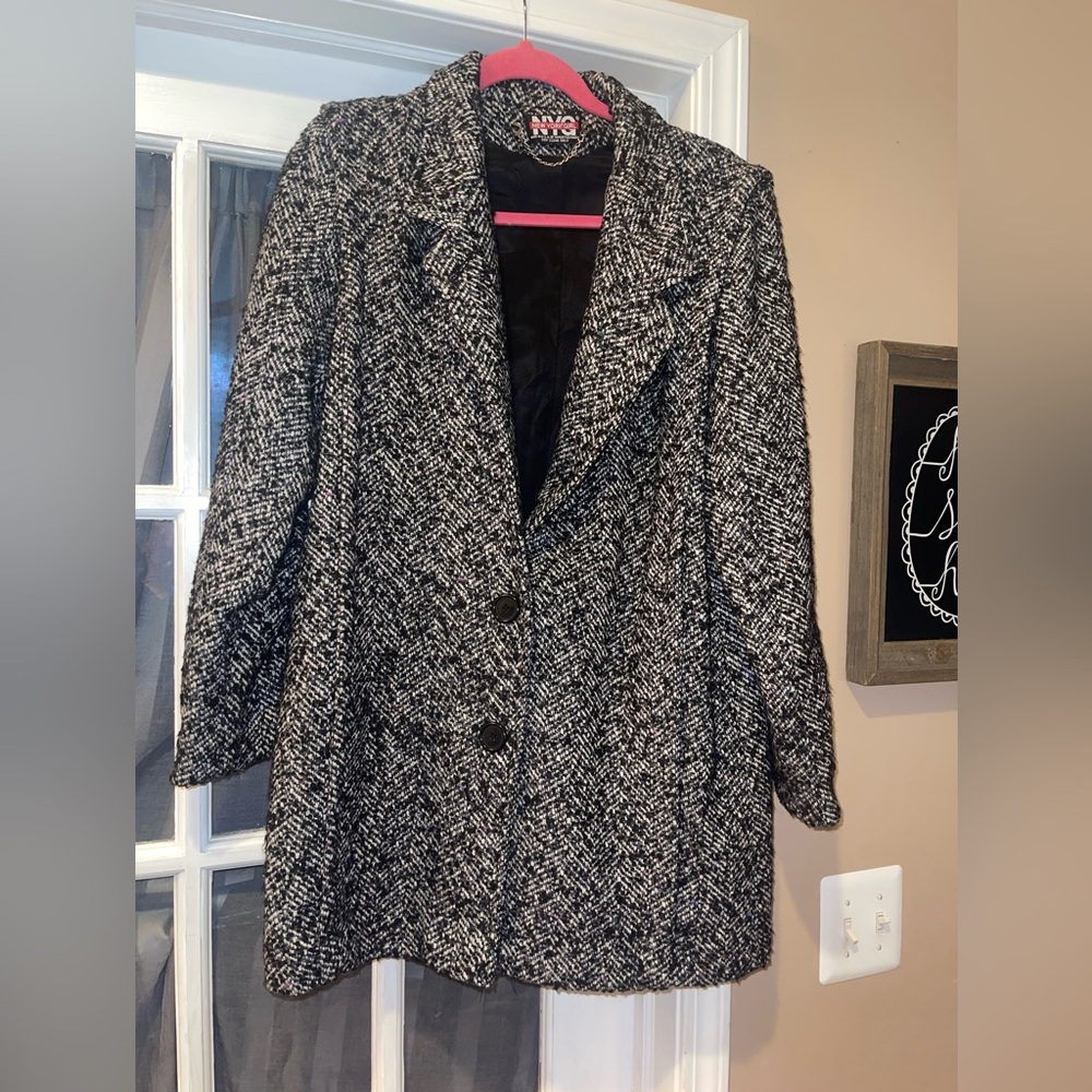 New York GIRL NY Girl black white wool blend jacket coat vintage sz 14 2 button